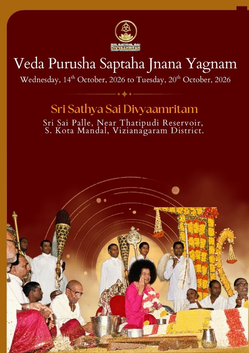 Bhagawan lovingly invites you and your family to the Veda Purusha Saptaha Jnana Yagnam